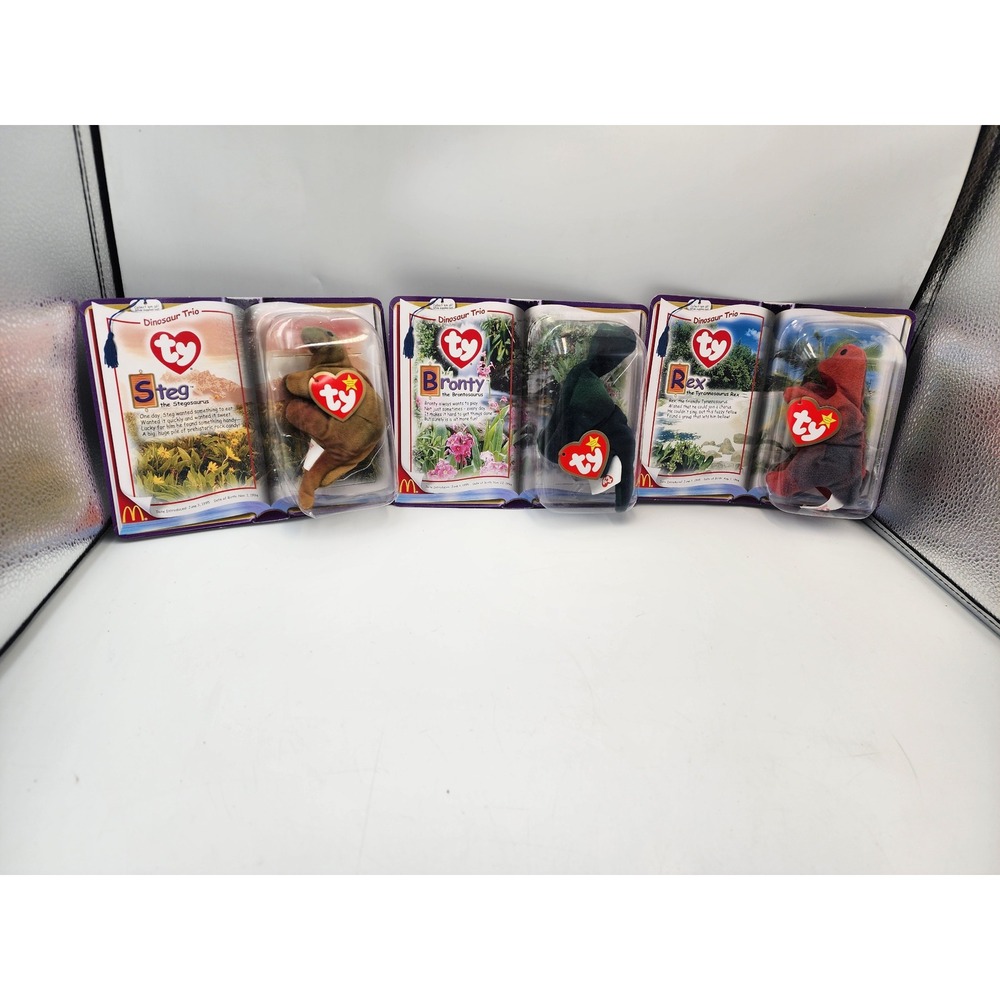 Vintage 1995 Ty McDonald Teenie Beanie Babies Dinosaur Trio Steg Bronty Rex NEW